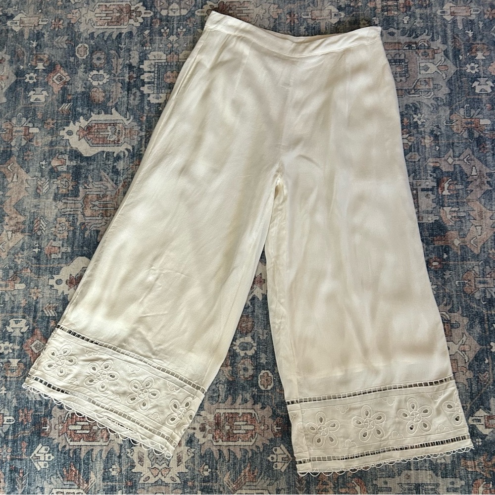 Lost + Wander Rayon Cream Lace Trim Wide Leg Rayon Pants
